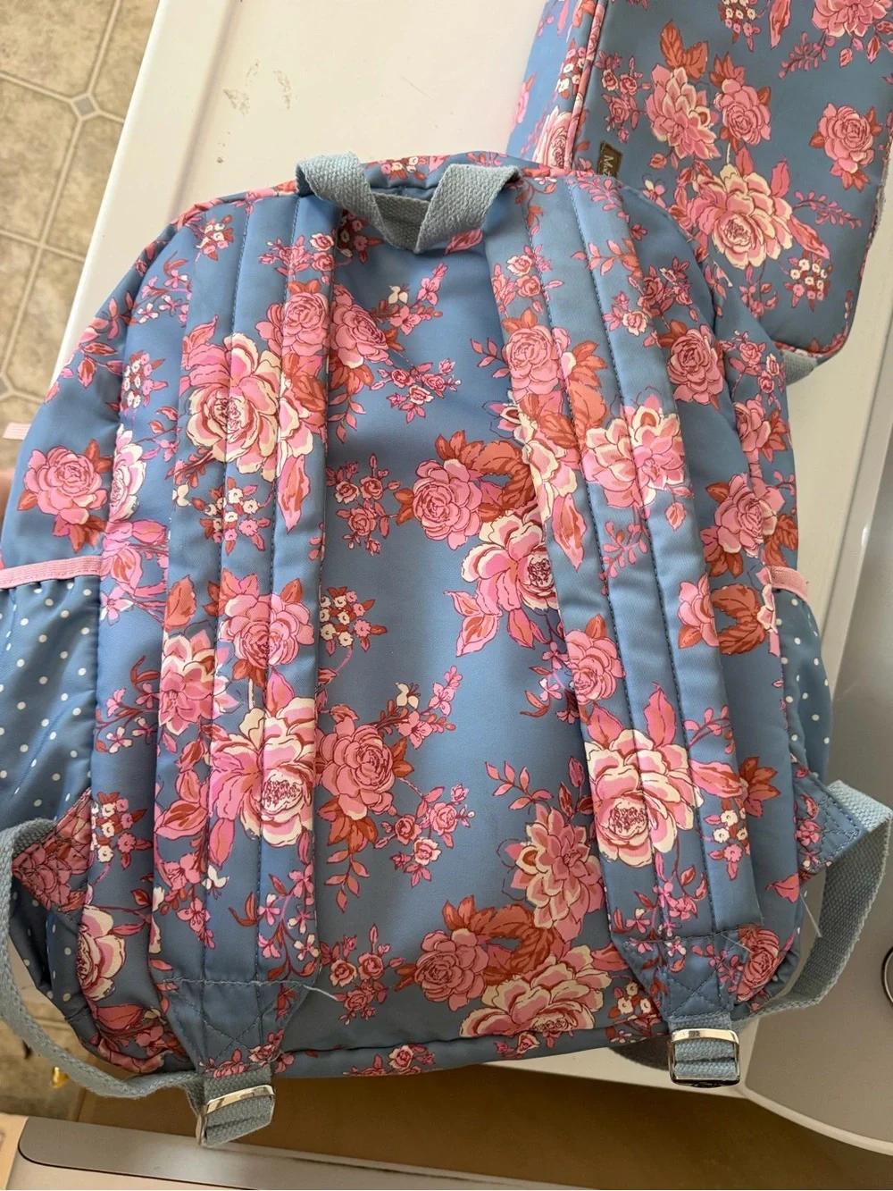 Matilda Jane Blue Floral Backpack with Pink Rose Print and Matching Lunch Bag